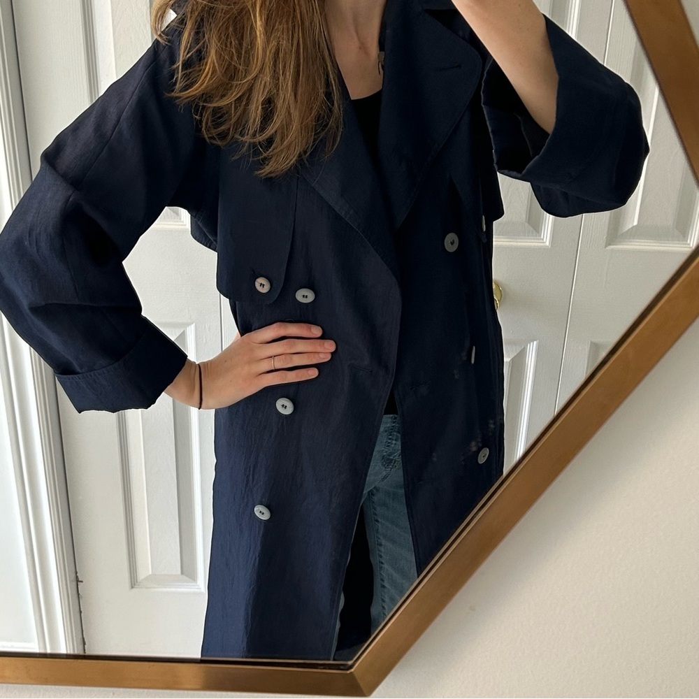 VINTAGE Beechers Brook Double Breasted Long Navy Trench Coat Size 9/10